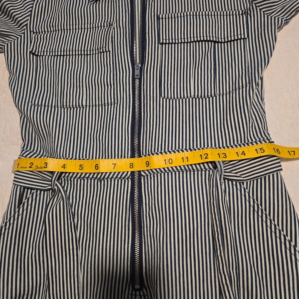 Justify Jumpsuit Shorts Womens Small Blue White Striped Belted Romper Zipper - Picture 12 of 12
